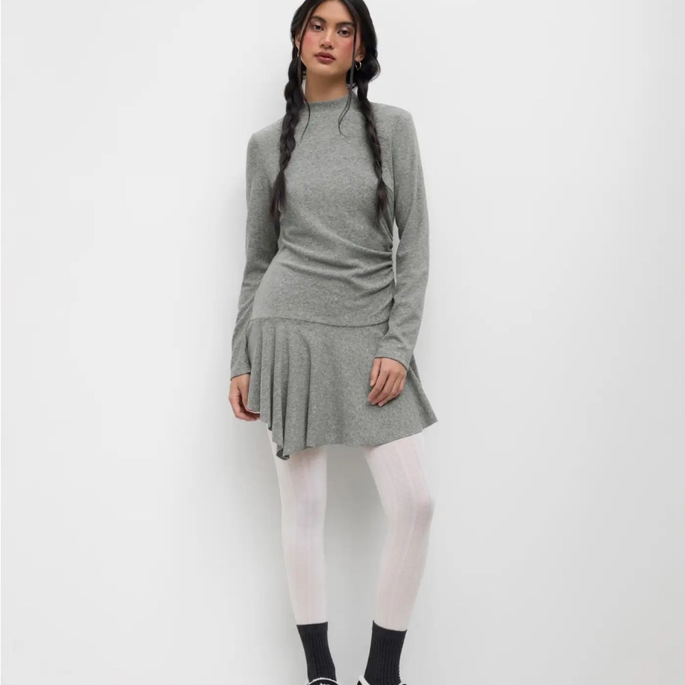 TERRY HIGH NECK RUCHED RUFFLE MINI DRESS Gray Long Sleeve Dress